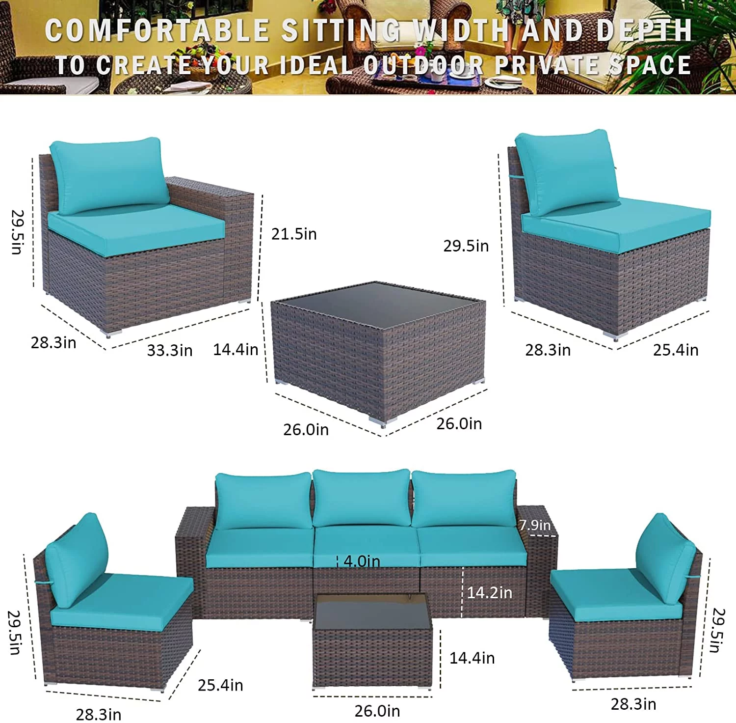 ALAULM Patio Furniture Sets 6 Pieces Patio Sectional Outdoor Furniture Patio Sofa Chairs Set All Weather PE Rattan Wicker Couch Conversation Set with