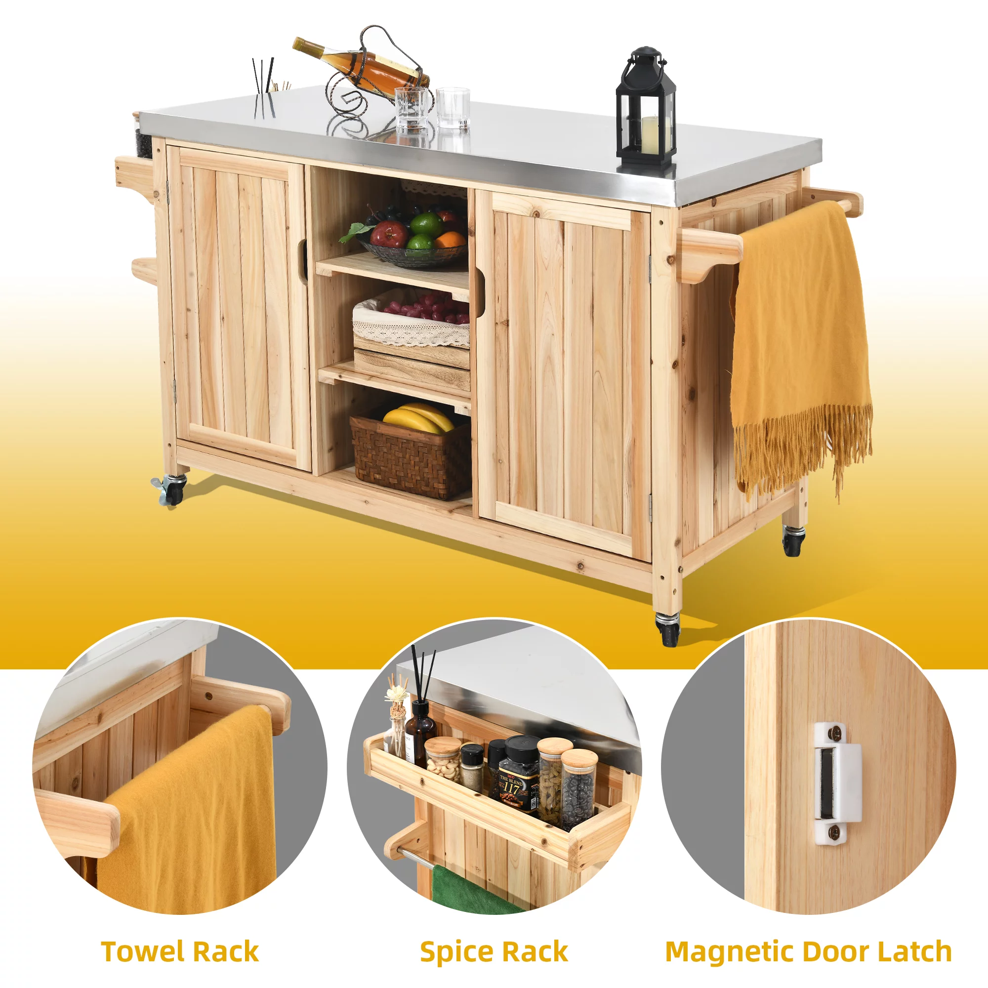 DWVO Outdoor Table and Storage Cabinet Solid Wood Movable Grill Table with Stainless Steel Top for Outside Patio Kitchen Island or Bar Cart