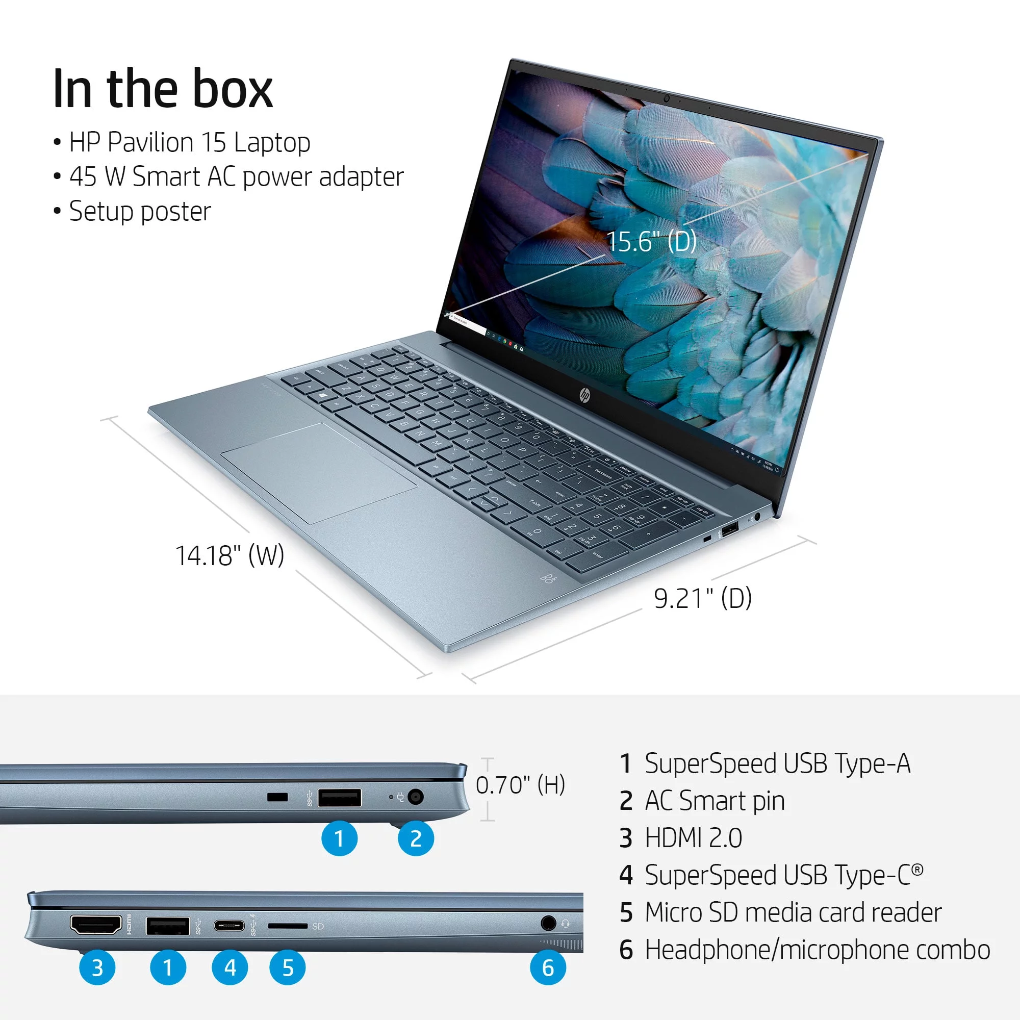HP Pavilion 15.6" FHD Laptop, AMD Ryzen 5-5500U, 16GB RAM, 512GB SSD, Horizon Blue, Windows 11,15-eh1052wm