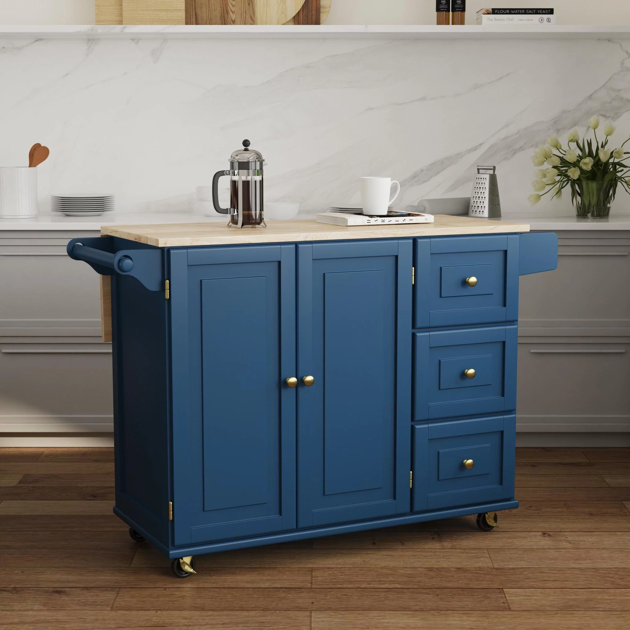 Homestyles Dolly Madison Traditional Engineered Wood Kitchen Cart in Blue/Brass