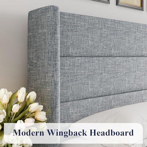 Allewie Full Size Lift Up Storage Bed, Modern Wingback Headboard, Hydraulic Support, No Box Spring Needed, Light Beige