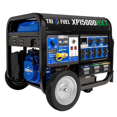 DuroMax XP13000HXT 13,000-Watt 500cc Tri Fuel Gas Propane Natural Gas Portable Generator with CO Alert, Black/Blue