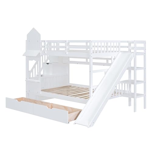 Merax Full Over Full Bunk Bed with 2 Drawers and 3 Shelves
