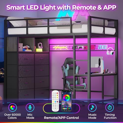 ADORNEVE Twin Size Loft Bed with Desk and 8 Storage Drawers, Metal Kids Loft Bed Twin with LED Lights & Charging Sation, Storage Shelves