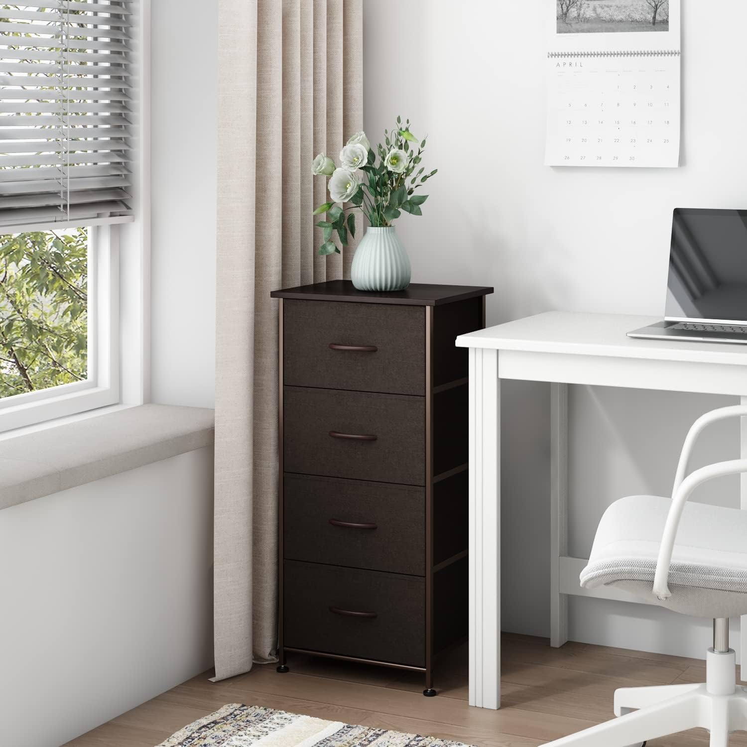 Somdot Nightstand Dresser with 4 Drawers Fabric Dresser Vertical Storage Tower Organizer Unit for Bedroom Office Laundry Closet Entryway Hallway