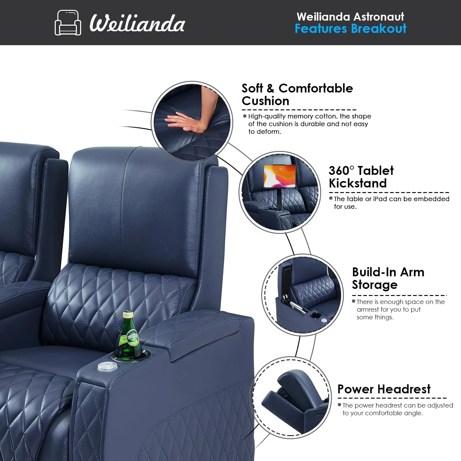 Weilianda Astronaut Zero Gravity Home Theater Seating Top Grain Leather Recliner Sofa Power Headrest Footrest with Carbon Fiber Tray Table