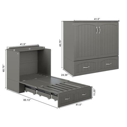 AFI Southampton Queen Murphy Bed Chest with Mattress, Storage, and Built-in Charger in Grey
