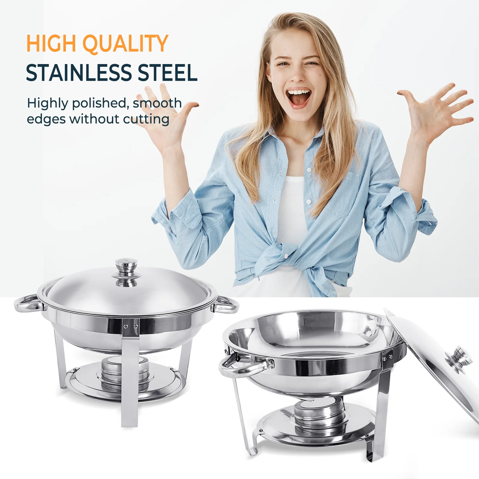 6 Pack Chafing Dish Buffet Set, 5QT Round Stainless Steel Chafer for Catering, Upgraded Chafers and Buffet Warmer Sets w/Food & Water Pan, Lid