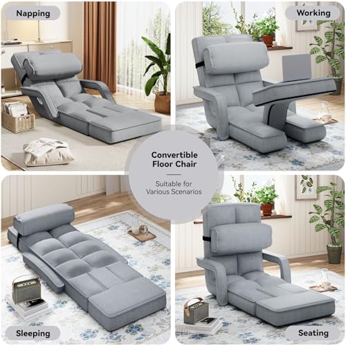 Esright Floor Chair, Padded Folding Gaming Chair with 14-Level Adjustable Backrest