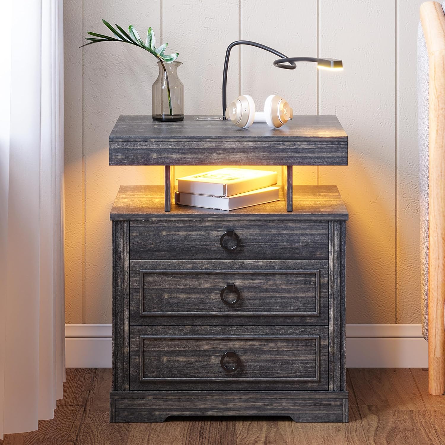 HNEBC Nightstand Side Table with Gun Case,Night Stand with Wireless Charging Station, Farmhouse Bedside Table with 2 Drawers