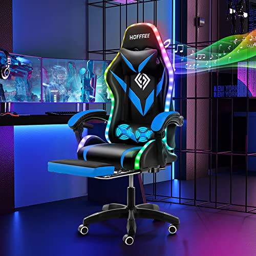 HOFFREE Gaming Chair Massage with Bluetooth Speakers and Led Lights Ergonomic Computer Gaming Chair with Footrest RGB Video Game Chair with High Back