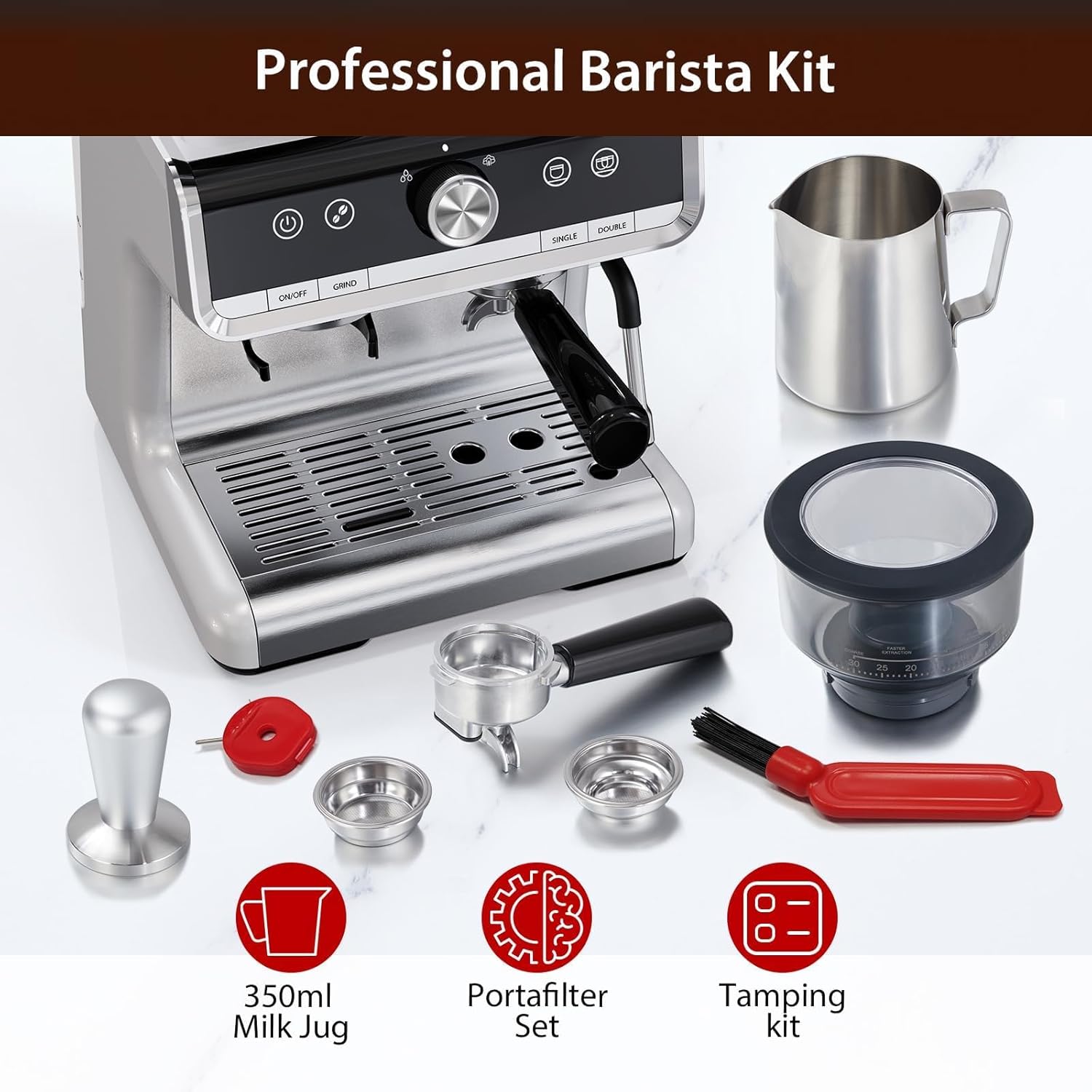 Espresso Machine with Grinder - Brushed Stainless Steel, Espresso Coffee Maker with Milk Frother, For Home Barista