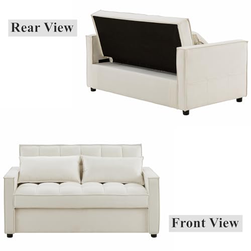 Convertible Sofa Bed, 3 in 1 Velvet Sleeper Loveseat with Pull Out Bed, Adjustable Backrest, 2 Pillows and 2 Foldable Side Table