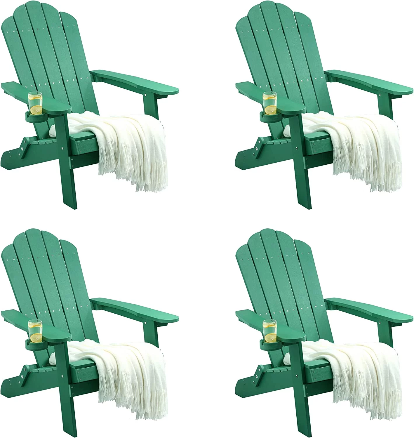 DWVO Folding Adirondack Chair Set of 4, Heavy Duty Foldable Plastic Outdoor Chairs with Rotatable Cup Holder