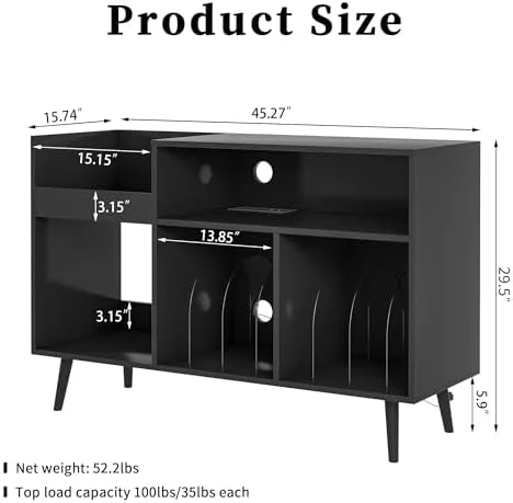 KHBIULIFE Mid-Century Record Player Stand with  Vinyl Record Cabinet Record Player Table with Power Outlet Turntable Stand Large Record Holder Holds