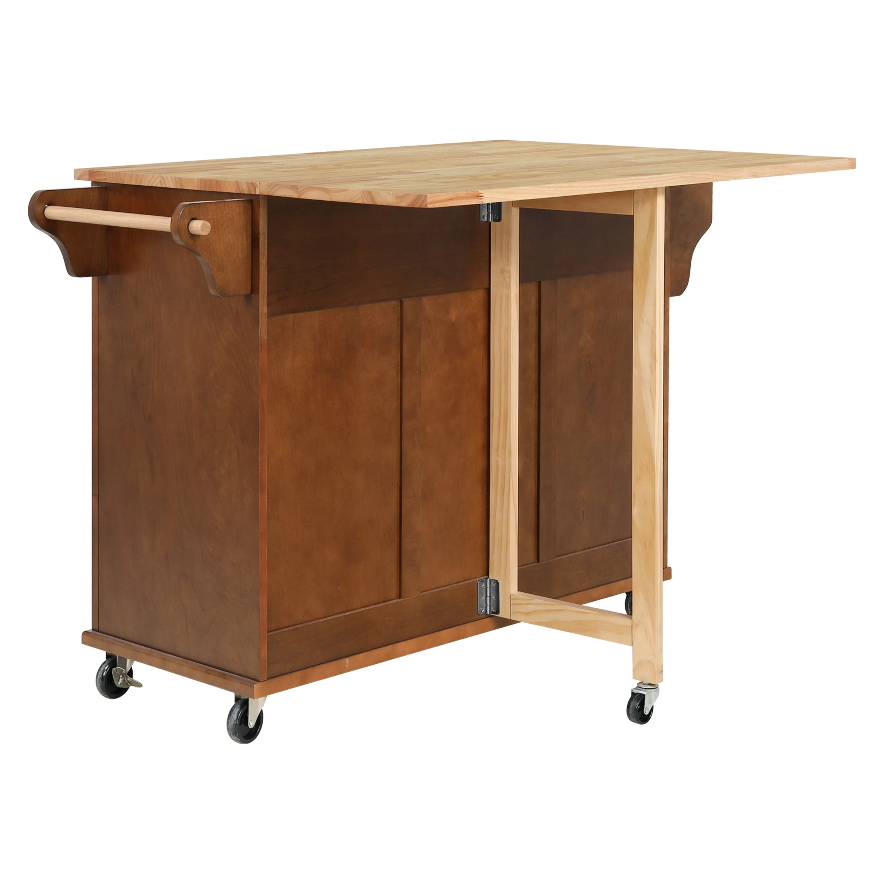 Rolling Kitchen Island Cart with Large Storage Cabinet on Wheels, Solid Rubberwood Countertop with Drop Leaf, Greenguard Gold Certified, 4-Droors