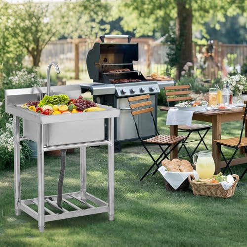 Utility Sink Stainless Steel Free Standing Single Bowl Laundry Outdoor Commercial Kitchen Sink with Cold Hot Pipe for Bar, Garage, Restaurant