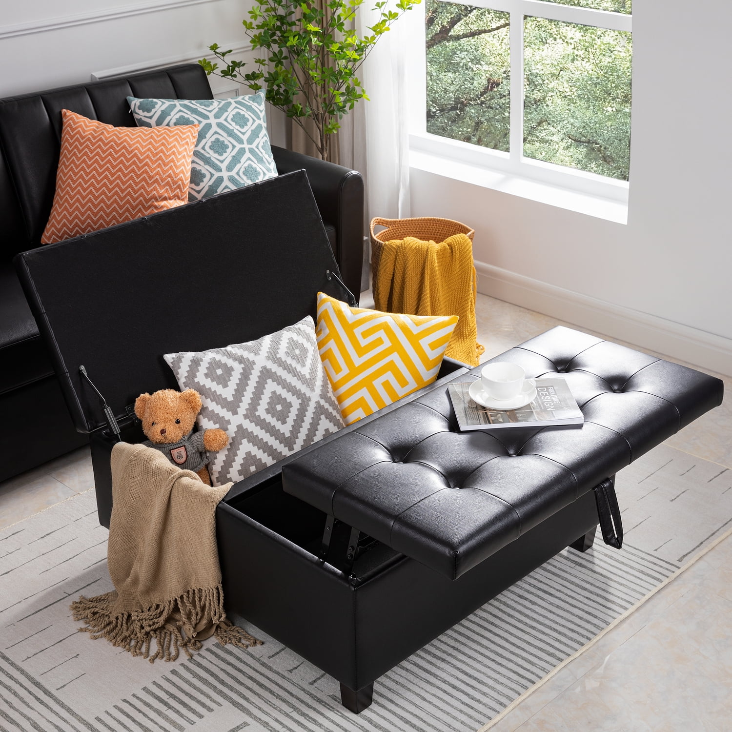 Ciara 35-Inch Air Leather Tufted Upholstered Lift-Top Ottoman Bench, Large Square Storage Coffee Table for Living Room Black