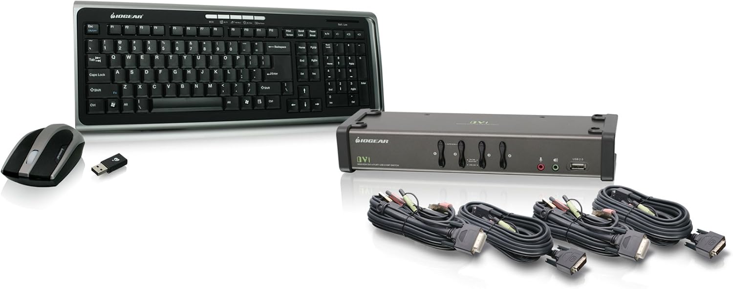 IOGEAR 4-Port DVI KVMP Switch with Cables and Wireless Media Center Keyboard and Mouse, w/Full Set of Cables, (GCS1104-KM1)