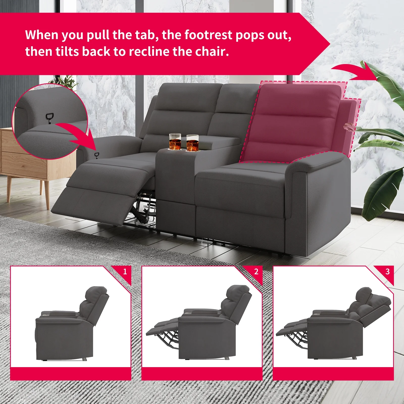 MUZZ Loveseat Recliner, Reclining Loveseat Sofa with Cup Holders&Storage, Theater Seating Furniture(Dark Grey)