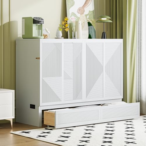 Harper & Bright Designs Full Size Murphy Bed Cabinet Wall Bed, Solid Pine Murphy Bed Chest with USB Ports