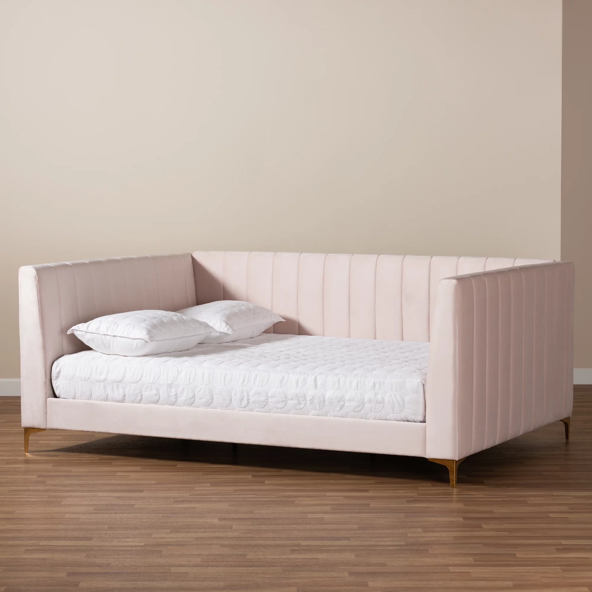 Baxton Studio Oksana Modern Contemporary Glam and Luxe Light Pink Velvet Fabric Upholstered and Gold Finished Full Daybed