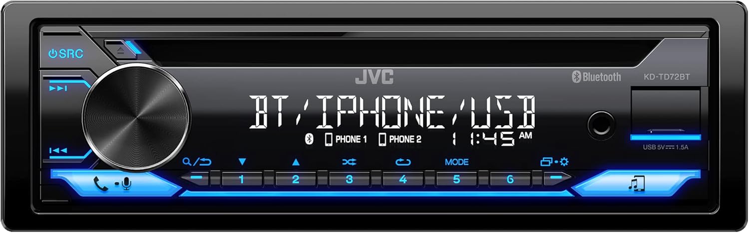 JVC KD-TD72BT Bluetooth Car Stereo with USB Port, AM/FM Radio, CD and MP3 Player, 13-Digit LCD Dual-Line Display, Single Din, 13 Band EQ