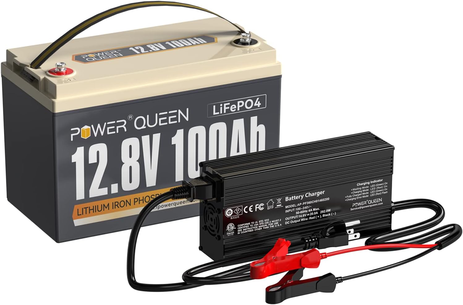 Power Queen 12.8V 100Ah LiFePO4 Battery with 14.6V 20A LiFePO4 Battery Charger; Built-in 100A BMS, Fast and Fully Charged, 4000+ Cycles