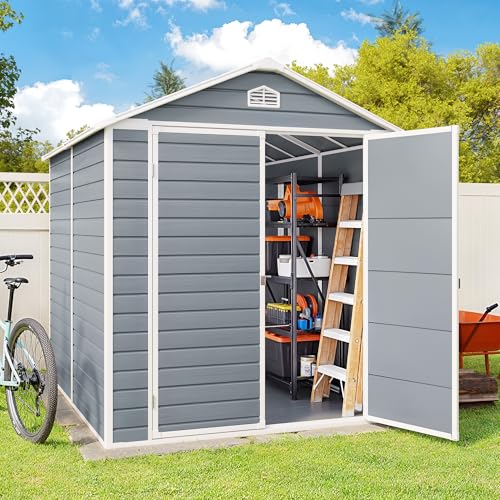 Gizoon 6x4 FT Outdoor Storage Shed with Floor, Resin Garden Tool Shed with Lockable Doors, Window, Vents, Reinforced Steel Frame
