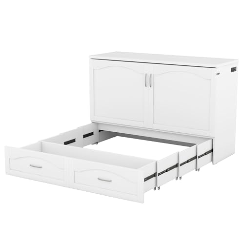 Full Size Murphy Bed with Drawers, Cabinets and USB Ports,Wood Murphy Bed Cabinet Bed Removable Shelves