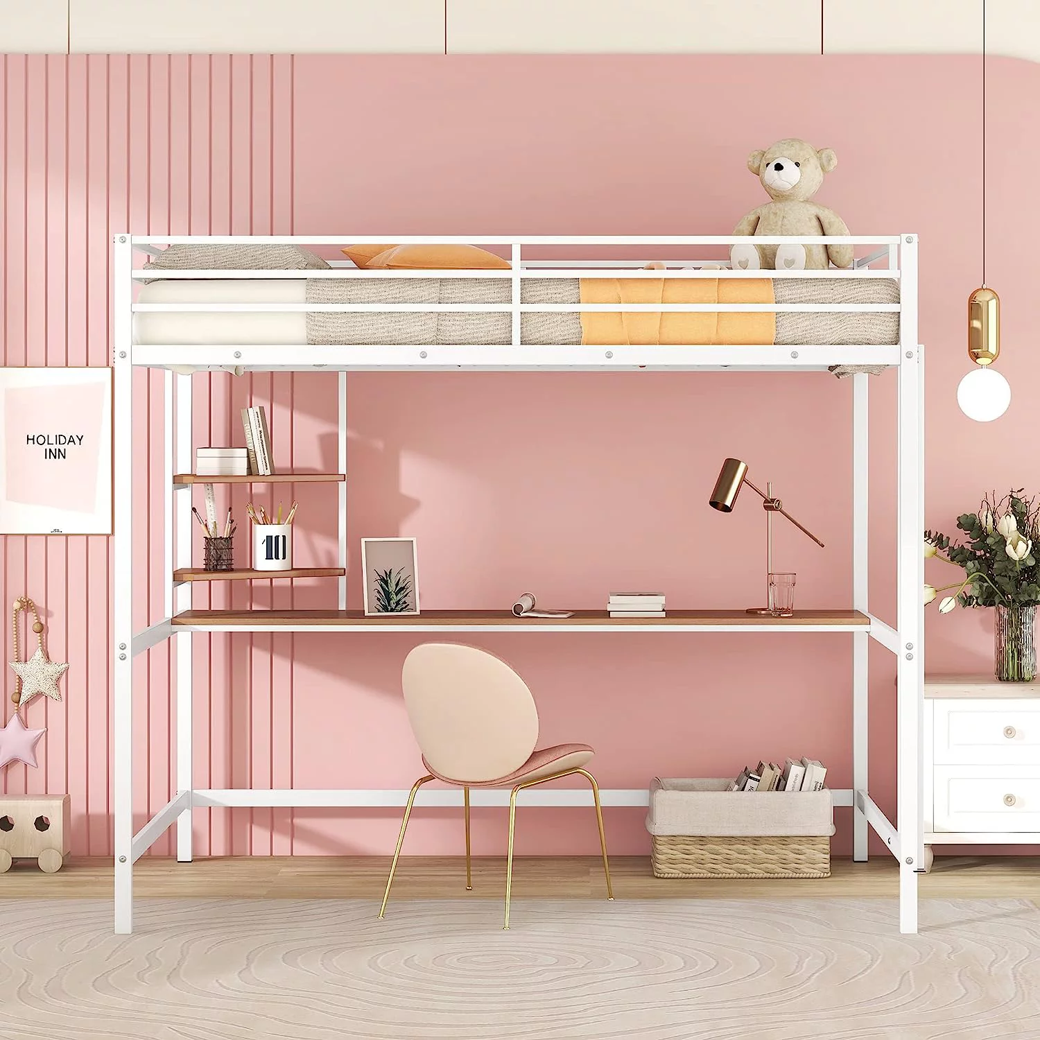 Full Size Metal Loft Bed With Long Desk, Shelves And Full Length Guardrails, Space-Saving Full Loft Bed For Bedroom, White