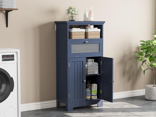 ChooChoo Bathroom Floor Storage Cabinet with Flip Glass Drawer, Freestanding with 2 Doors, Adjustable Shelf & 1 Open Storage for Living Room, Hallway