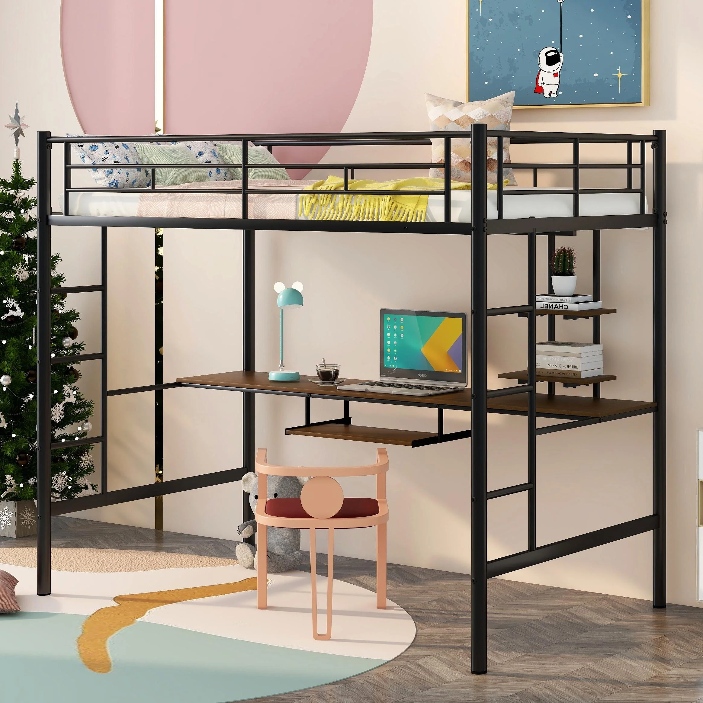 Bellemave Full Size Loft Bed with Desk and Shelves, Metal Loft Bed Frame with Built-in 2 Ladders