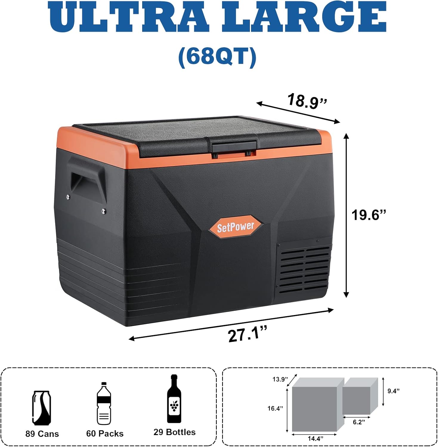 SetPower TC65 Portable Refrigerator, 12 volt Refrigerator, Portable Freezer Fridge, Electric Cooler, Power by DC & AC & Solar Panel & Power Station