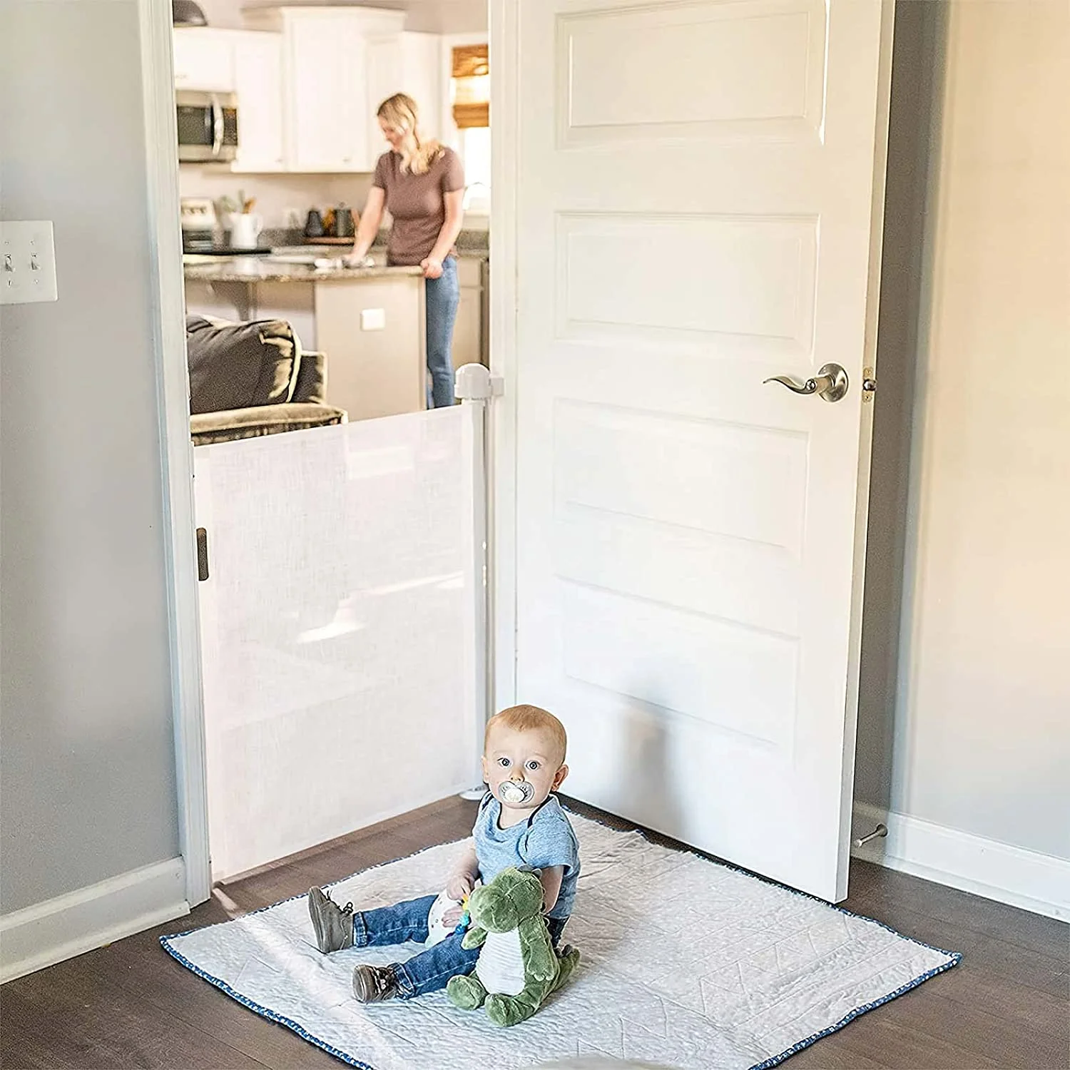 Retractable Baby Gate, Extra Wide Safety Kids or Pets Gate, 33” Tall, Extends to 55” Wide, Mesh Safety Dog Gate for Stairs, Indoor, Outdoor, Doorways