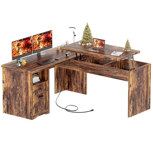 Unikito L Shaped Desk with Lift Top and Drawer, Large Office Desk with Power Outlets and USB Charging Ports