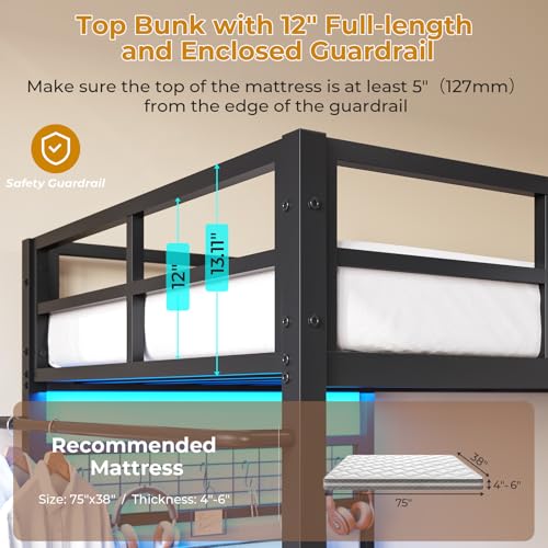 DICTAC Twin Over Twin Size Bunk Bed with Desk and Charging Station Metal Loft Bed with Led Lights & Storage Shelves and Drawers L-Shaped Bunk Bed for
