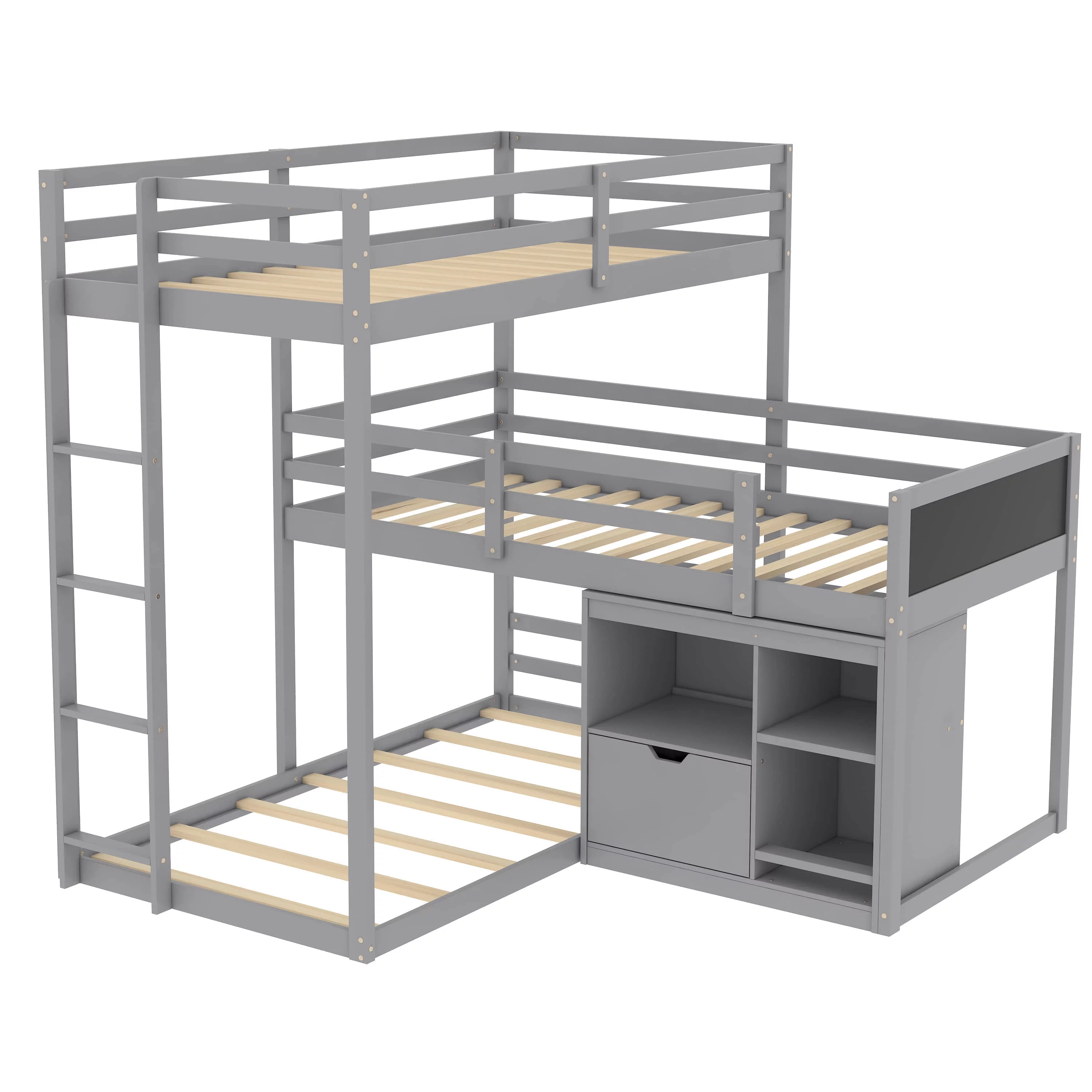 L-shaped Wood Triple Twin Size Bunk Bed with Storage Cabinet and Blackboard, Ladder - Curated Treasures Market