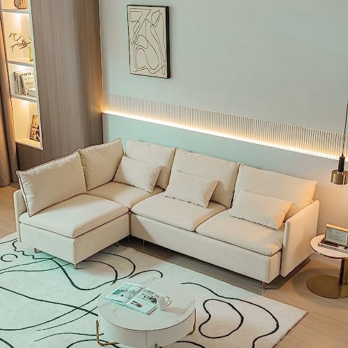 90.9 in L-Shaped Sectional Sofa, Cotton Linen 3-Seater Modular Modern Sofa Corner Couch with 3 Throw Pillows for Living Room, Bedroom