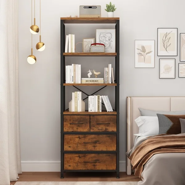 SYTHERS 6 Layer Bookshelf with Drawers, Tall Bookcase with Shelves, Wood & Metal Book Shelf Storage Organizer