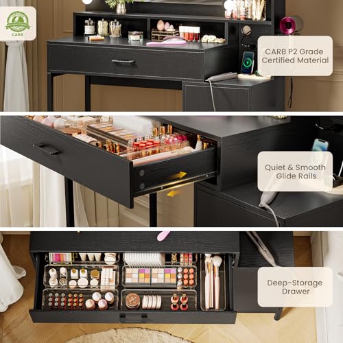 Vanity Desk with Mirror and Lights, Makeup Vanity with Storage Drawer, Power Outlet and Large Cabinet for Bedroom - White
