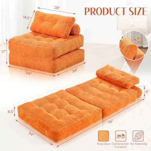 HABUTWAY Folding Sofa Bed, Convertible Sleeper Chair Bed w/Dual-Pillow & Handle, Foldable Floor Sofa Lounge w/Back Support for Living Room, Bedroom