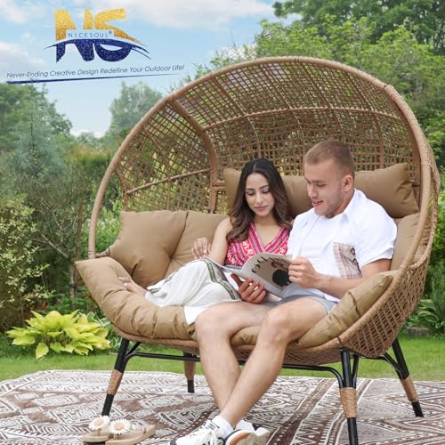 NICESOUL® Double Egg Chair Indoor Outdoor Stationary Oversized Thicken Padded Cushions, 2 Person Egg Loveseat Chair