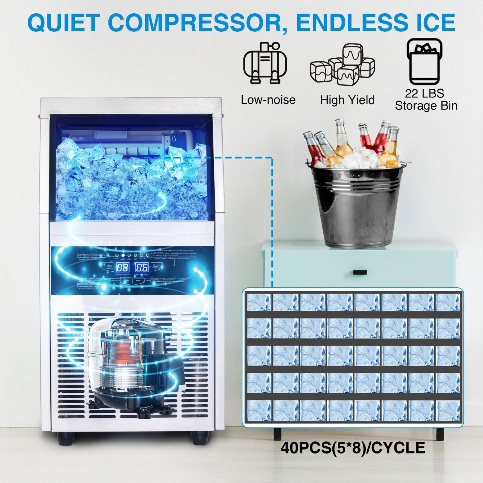 Commercial Ice Maker 90lb Stainless Steel Bar Restaurant Built-in Cube Machine
