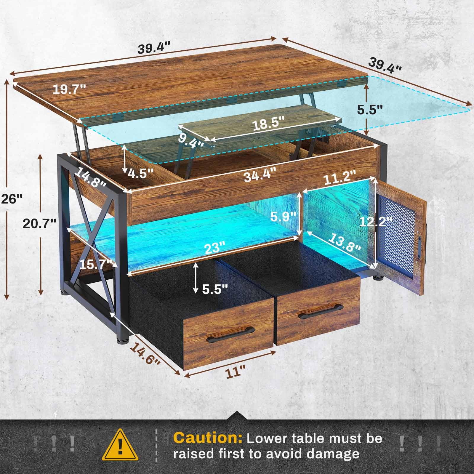 Afuhokles 40" Lift Top Coffee Table, 4 in 1 Coffee Tables with Storage Cabinet for Living Room, 2 Fabric Drawers and LED Light, Rustic Brown