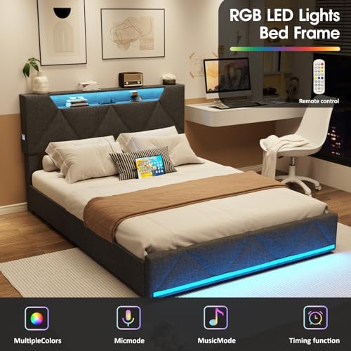 Vabches Queen Bed Frame with Storage Headboard and 4 Drawers,Upholstered Platform with Charging Station and Led Lights,Adjustable Headboard