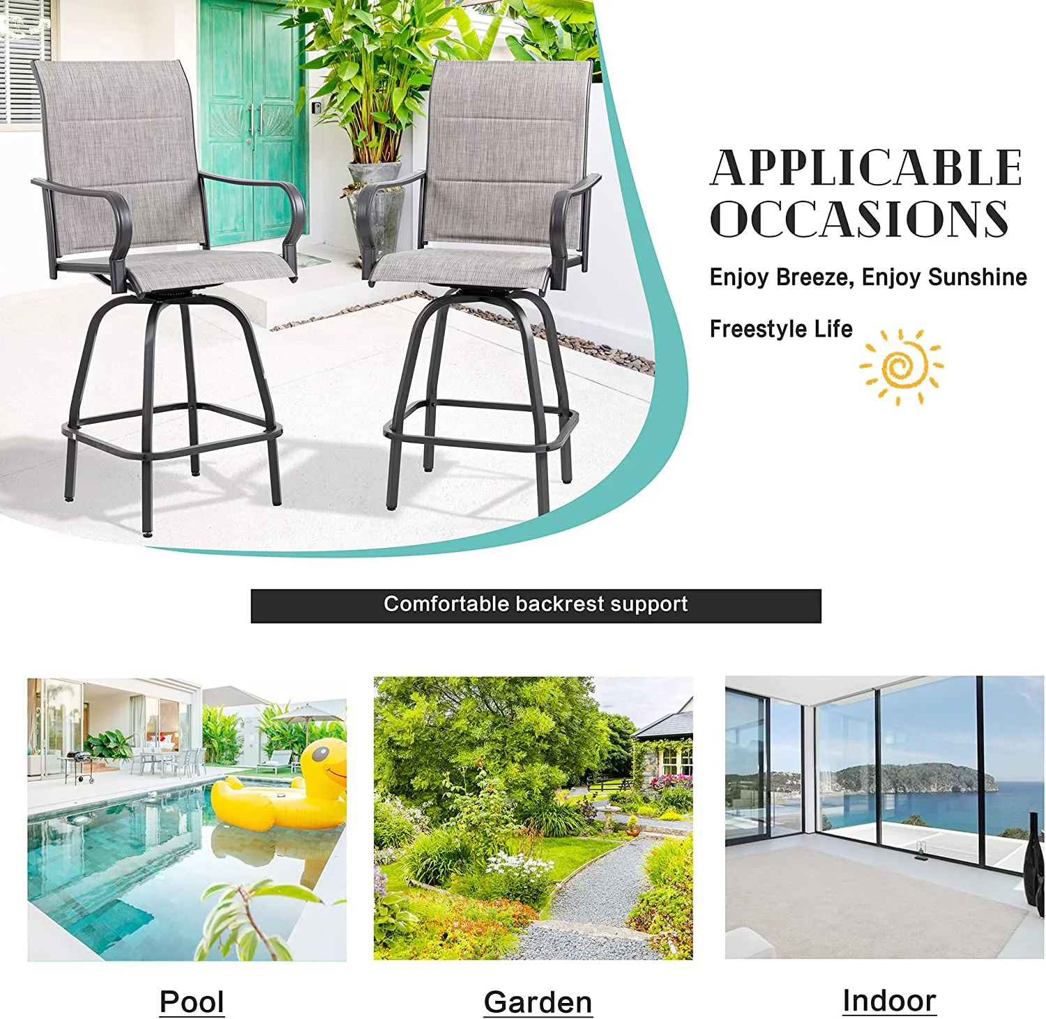 Sobaniilo 4 Pieces Outdoor Patio Swivel Bar Stools, All Weather Padded Sling Textilene High Top Bar Chairs, Bistro Set for Backyard, Lawn Garden