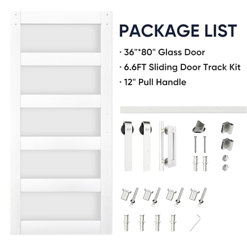 BARNSMITH 42in x 84in Glass Barn Door with 7FT Sliding Door Hardware Kit Included & Handle