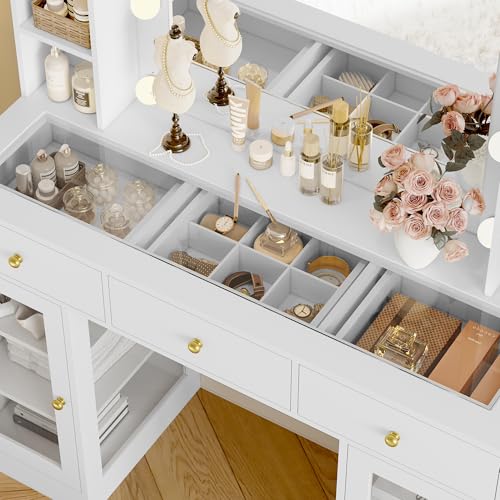 Makeup Vanity Desk with Mirror and Lights, White Vanity with Glass Top, LED Lights & Power Outlet, 3 Drawers & 2 RGB Glass Cabinets