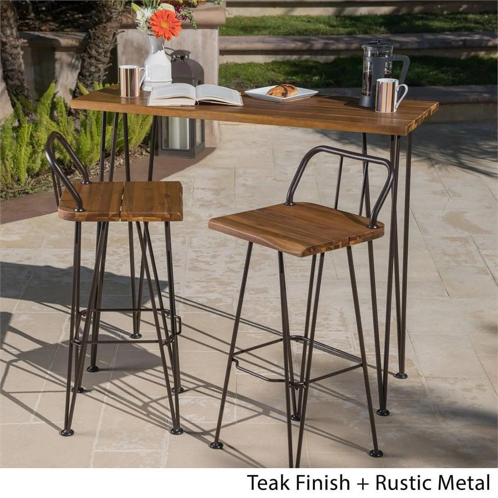 Noble House Denali Outdoor Teaked Acacia Wood Bar Set with Metal Iron Frame